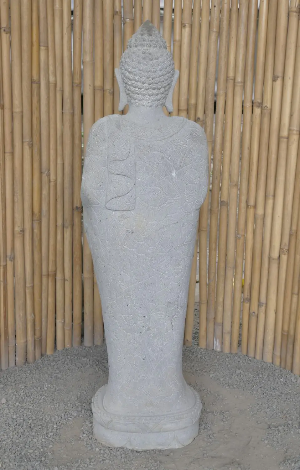  Product image 5 of the product “Standing Buddha with floral carving, Abudaya position. 48 x 34,5 x 151,5 cm. Natural stone (river stone), stonemasonry ”